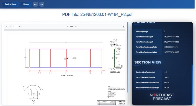 Northeast Precast PDF viewer with extracted data